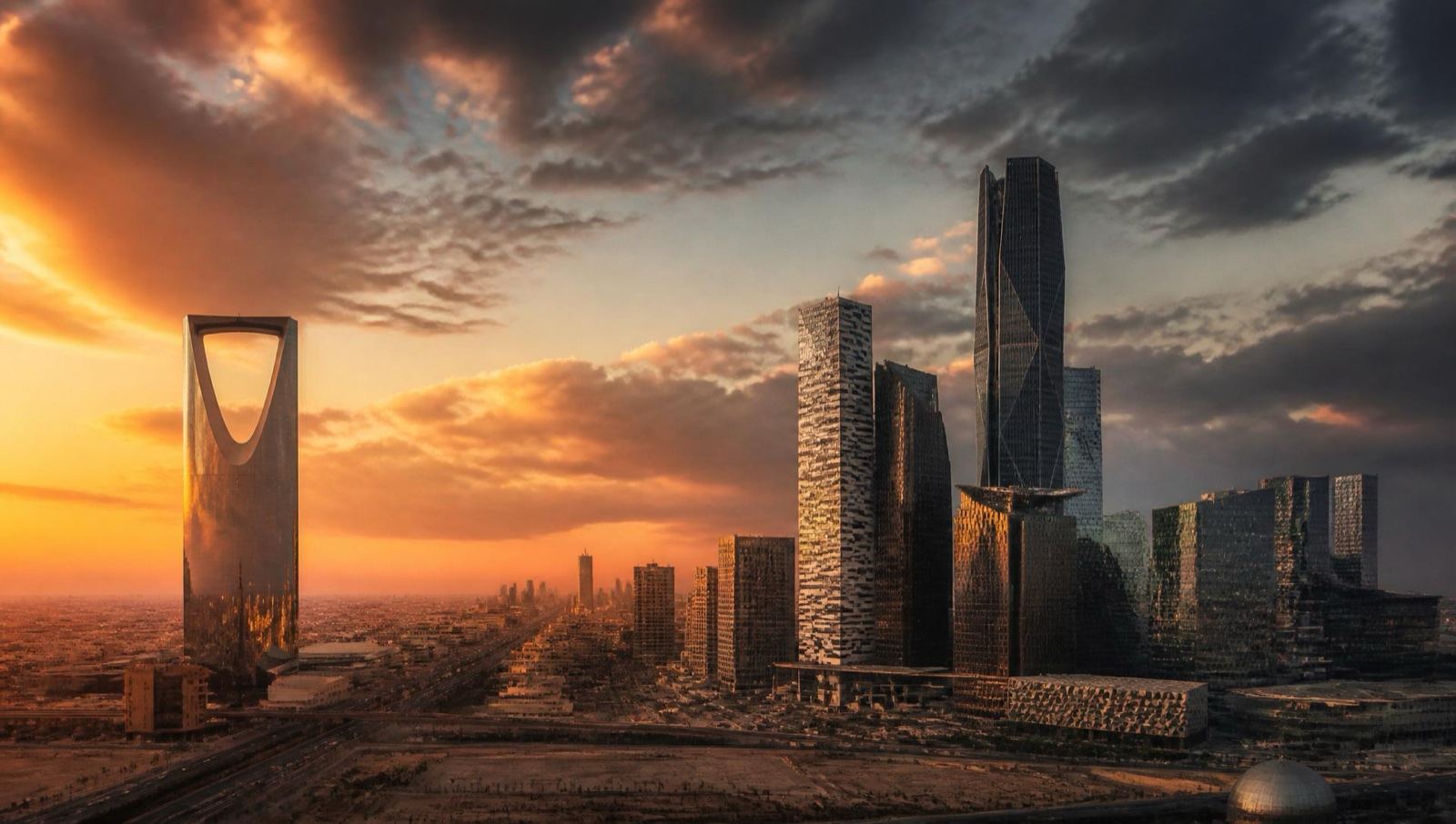 Riyadh skyline, Kingdom Centre and KAFD towers at dusk